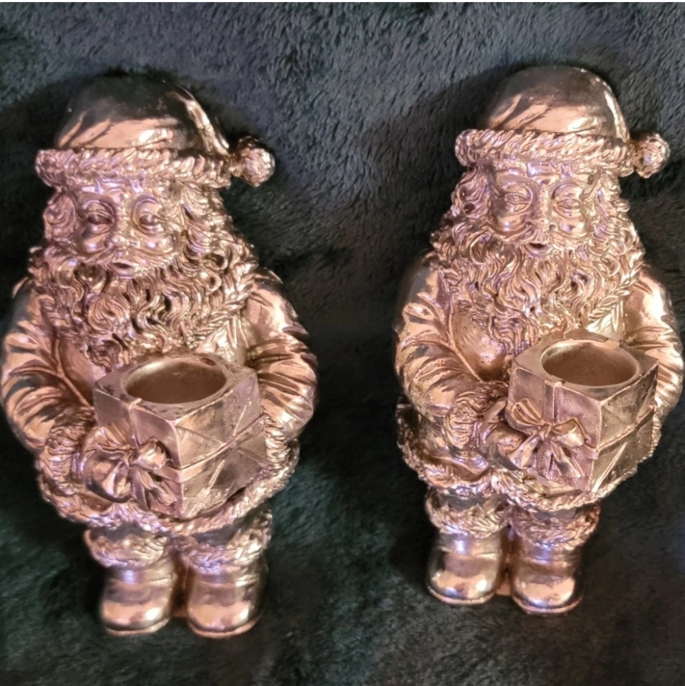 SET OF 2: Macy All the Trimmings Santa Claus Candleholder 1993, Silver Resin, 7”